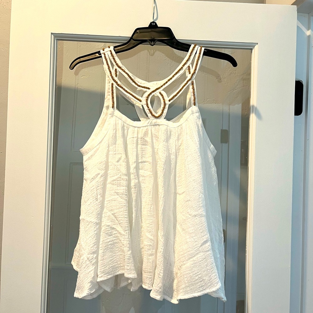 White Altar’d State Gauze Tank with Wooden Bead Accents